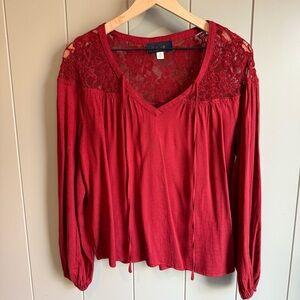 Women’s Long Sleeve Red Blouse Lace Puff Sleeve Shirt Size Medium